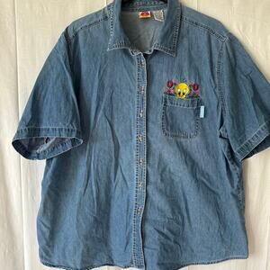Looney Tunes Vintage Y2K Embroidered Tweety Bird Denim Shirt Plus Size 26W/28W
